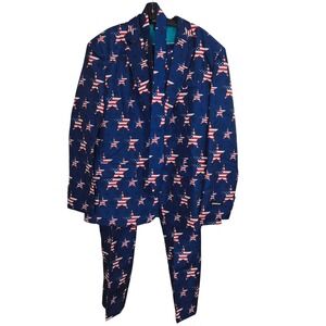 Suitmeister Mens XL 3 Piece Suit USA Flag Stars Jacket Pants Tie Party patriotic